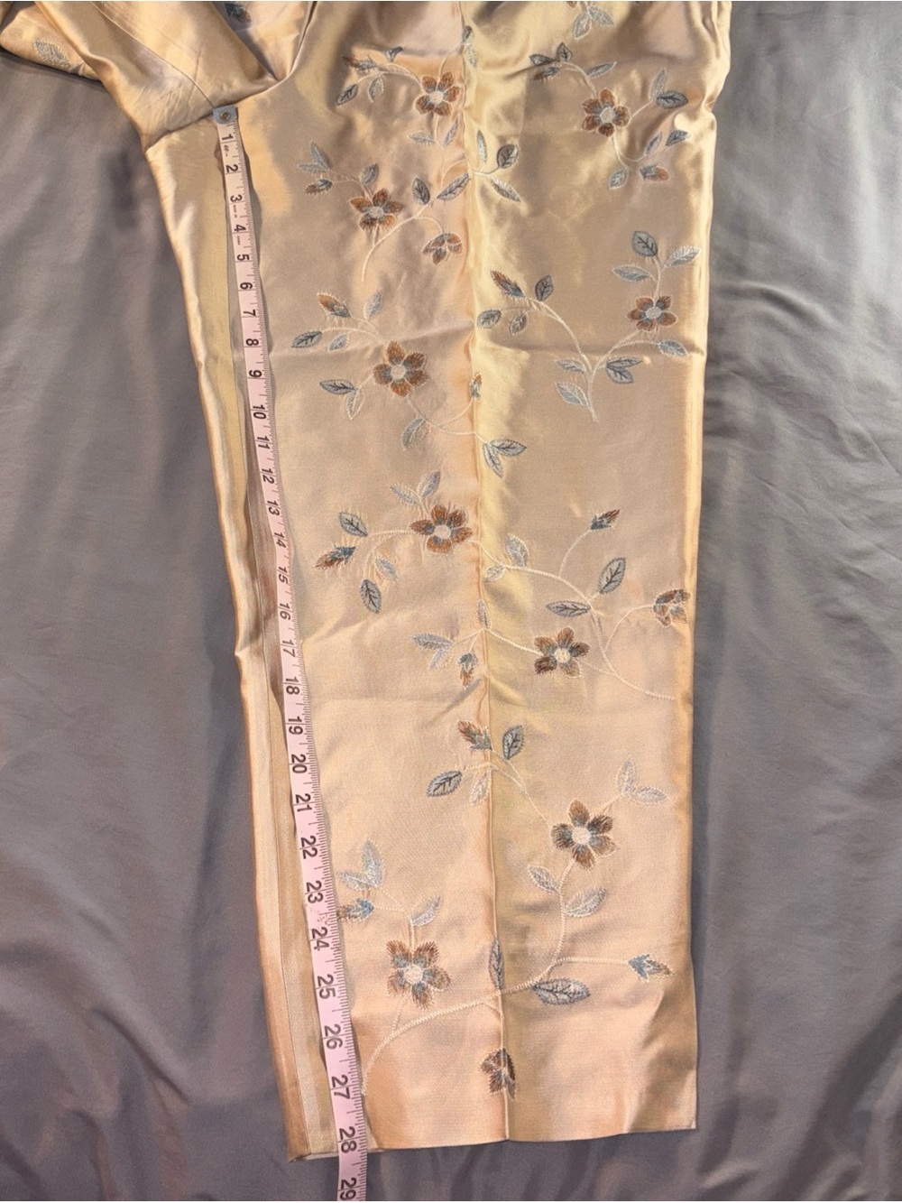 Talbots Silk Embroidered Trouser Pants Sz 22W Champagne Gold Blue Flowers Spring - Picture 8 of 13